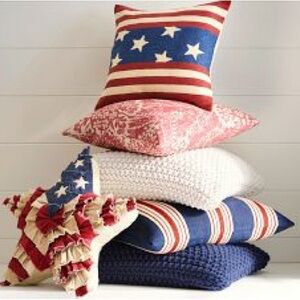 New Pottery Barn July 4th Americana Flag Embroidered Linen Pillow Cover, 18”